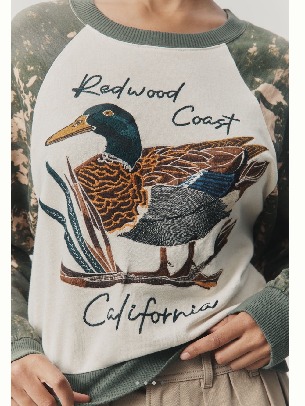 🦆Anthropologie Niki Bubble Embroidered Sweatshirt Pilcro NEW Duck Camouflage